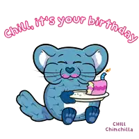 a cartoon drawing of a chinchilla holding a birthday cake