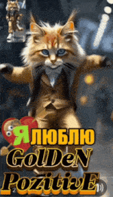a cat in a suit is dancing with the words " golden positive "
