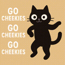 a black cat with the words go cheekies on it