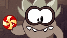 a cartoon character is holding a red and yellow candy in his hand