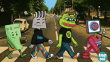 a cartoon of three frogs walking across a street with a tan ssi logo on the bottom right