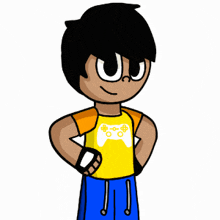 a cartoon of a boy wearing a yellow shirt with a game controller on it