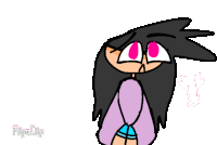 a cartoon of a girl with pink eyes and a purple shirt