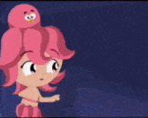 a cartoon girl with pink hair and an octopus on her head talks to another girl