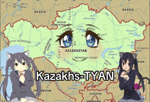 a map of kazakhstan with two anime girls and the words kazakhs-tyan