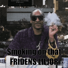 a man in a purple robe is smoking a cigarette with the words smoking on that fridens liljor below him