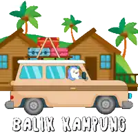 a penguin is driving a car with luggage on the roof and the words balik kampung written below it