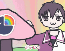 a cartoon drawing of a boy with a rainbow in his eye
