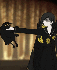 a drawing of a girl holding a black bird in her hand