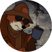 a cartoon fox wearing a hat and sunglasses is holding a mug