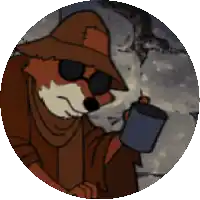 a cartoon fox wearing a hat and sunglasses is holding a mug
