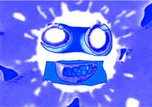 a blue and white drawing of a cartoon character with a smile on his face
