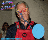 a man wearing sunglasses and overalls with the words happy birthday on the bottom