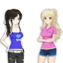 a girl in a blue tank top with a diamond on it is standing next to another girl in a pink shirt