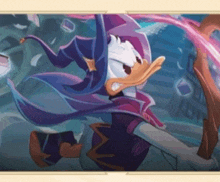 daisy duck is wearing a purple hat and holding a sword in a video game .