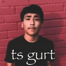 a man with a mustache is standing in front of a red brick wall with the words ts gurt written in white