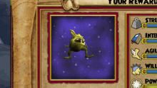 a screenshot of a game with a picture of a monster and the words " your reward "