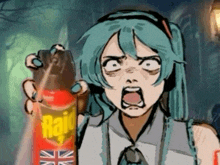 a cartoon girl is holding a bottle of raid
