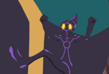 a purple cartoon character with yellow eyes and a circle on his face