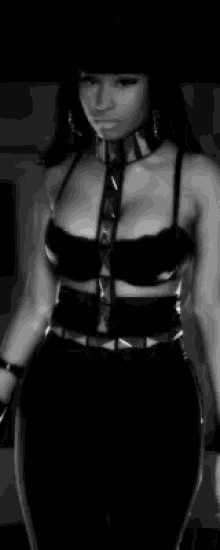 a black and white photo of a woman in a choker .