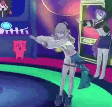 two anime girls are dancing on a stage in front of a sign that says " smith "