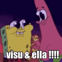spongebob and patrick from spongebob squarepants are standing next to each other and talking .
