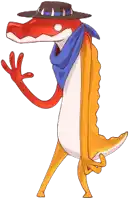 a cartoon lizard wearing a hat and a scarf