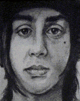 a black and white drawing of a woman 's face with a hat on