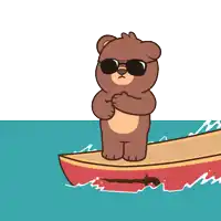 a teddy bear wearing sunglasses is standing on a surfboard