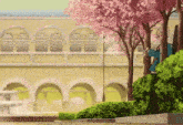 a person standing in front of a building with pink flowers