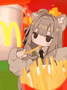 a cartoon girl is eating french fries in front of a mcdonald 's cup