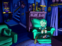 a cartoon of a child sitting in a chair with a box of cereal on the floor