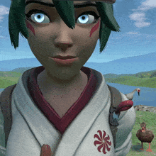 a cartoon character with blue eyes and a flower on her shirt