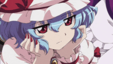 a girl with blue hair and red nails is wearing a red and white hat