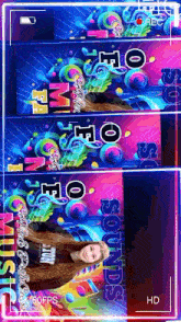 a girl is laying on her back in front of a colorful background that says sounds