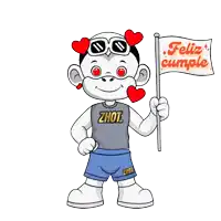 a cartoon character holding a flag that says feliz cumple on it