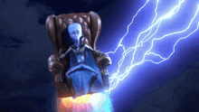 a cartoon character is sitting in a chair with lightning coming from it