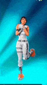 a woman in a white outfit is standing on one leg