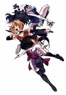 a cartoon drawing of three girls fighting with knives