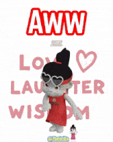 a cartoon girl wearing a headband that says aww love laughter wisdom