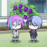 two anime characters standing next to each other in front of a grape tree