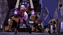 a group of cartoon characters are standing in front of a building that says roscartoon