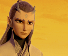 a cartoon character with long hair and horns has a symbol on his forehead
