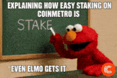 elmo is explaining how easy staking on coinmetro is stake