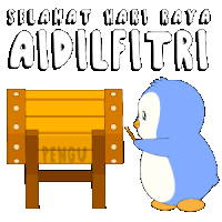 a penguin is holding a stick in front of a wooden box that says pengu