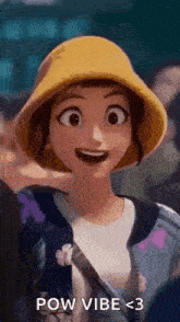 a cartoon girl wearing a yellow hat and a jacket is smiling .