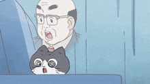 a cartoon of a man and a cat with a surprised look on their face