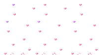 pink and purple hearts are hanging from a string on a white background