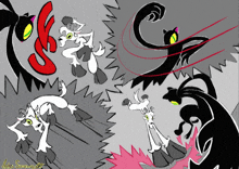 a cartoon drawing of a wolf and a black cat with the year 2012 on the bottom right corner