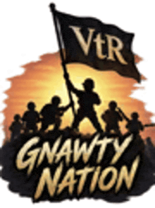the logo for gnawty nation shows a group of people holding a flag